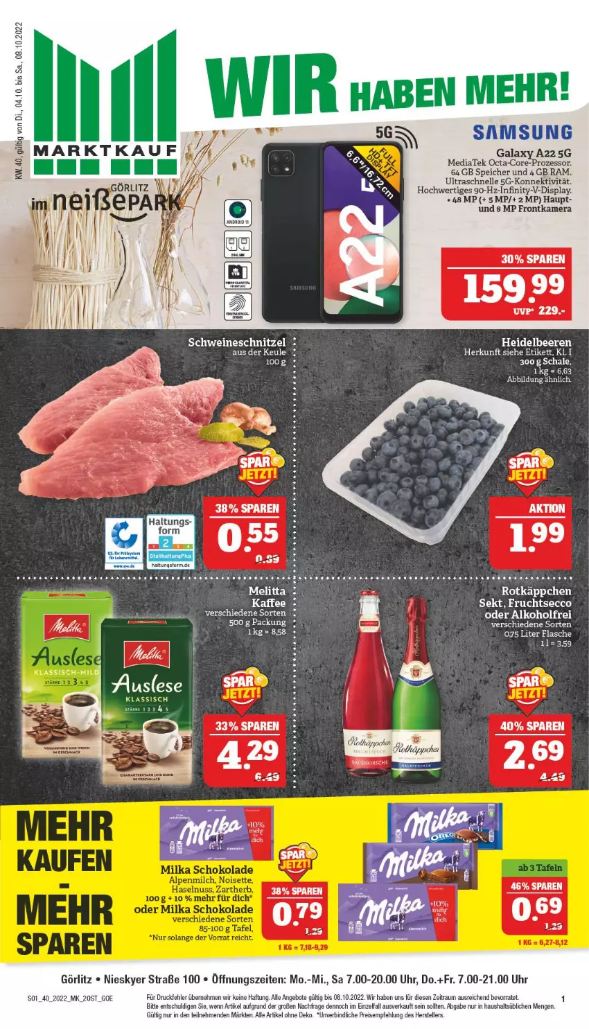 Aktueller Prospekt Marktkauf - Prospekt - von 02.10 bis 08.10.2022 - strona 5 - produkty: alkohol, angebot, angebote, aust, ecco, eier, eis, elle, flasche, frontkamera, frucht, fruchtsecco, kamera, melitta, reis, rotkäppchen, Samsung, samsung galaxy, Samsung Galaxy A, Schal, Schale, schnitzel, schwein, schweine, schweineschnitzel, sekt, teller, Ti, uhr, wein, weine