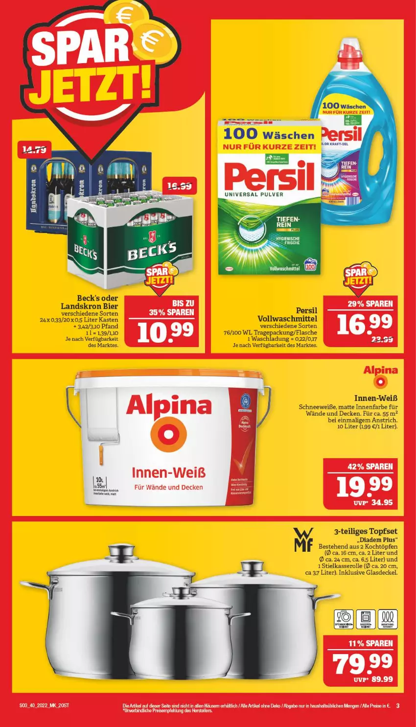 Aktueller Prospekt Marktkauf - Prospekt - von 02.10 bis 08.10.2022 - strona 7 - produkty: beck's, bier, decke, Deckel, diadem, eis, flasche, Glasdeckel, innenfarbe, persil, reis, stielkasserolle, Ti, topf, Topfset, vollwaschmittel, waschmittel