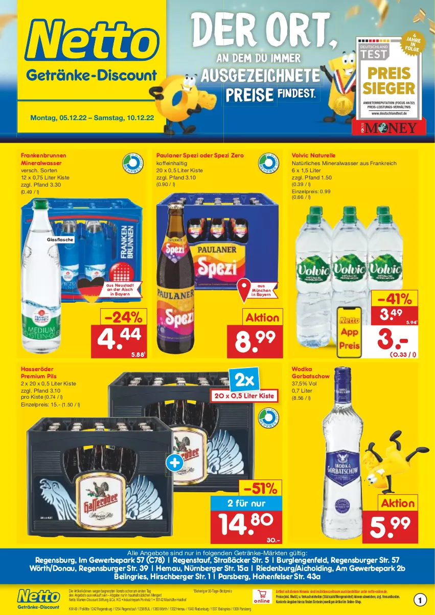 Aktueller Prospekt Netto Marken-Discount - Getränkemarkt in deiner Nähe - von 15.03.2021 bis 10.12.2022 - strona 1 - produkty: Alwa, angebot, angebote, Berger, bestpreis, brunnen, burger, discount, eis, elle, flasche, getränk, getränke, glasflasche, Gorbatschow, hasseröder, Holz, LG, marken-discount, mineralwasser, natur, natürliches mineralwasser, ndk, nürnberger, Paula, paulaner, pils, premium pils, regensburger, reis, rel, Spezi, Ti, volvic, wasser, wodka, ZTE