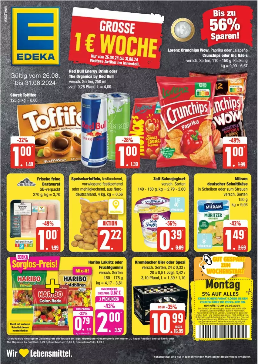 Aktueller Prospekt Edeka - Prospekte - von 26.08 bis 31.08.2024 - strona 1 - produkty: chips, coupon, crunchips, deka, drink, eis, energy drink, haribo, krombache, krombacher, lorenz, lorenz crunchips, paprika, red bull, reis, Schere, Ti, ZTE