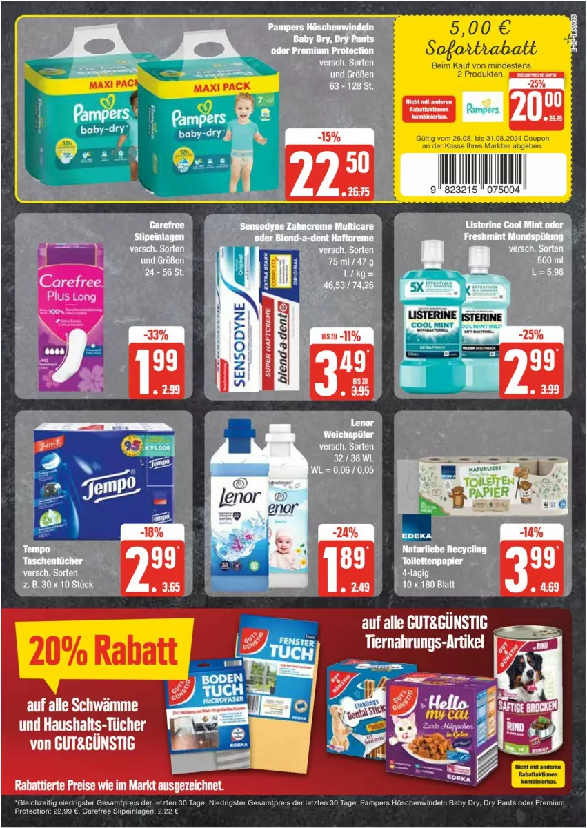 Aktueller Prospekt Edeka - Prospekte - von 26.08 bis 31.08.2024 - strona 17 - produkty: baby-dry, carefree, eis, lenor, pampers, Pants, reis, slip, slipeinlagen, sofortrabatt, Ti, tiernahrung, windeln, ZTE