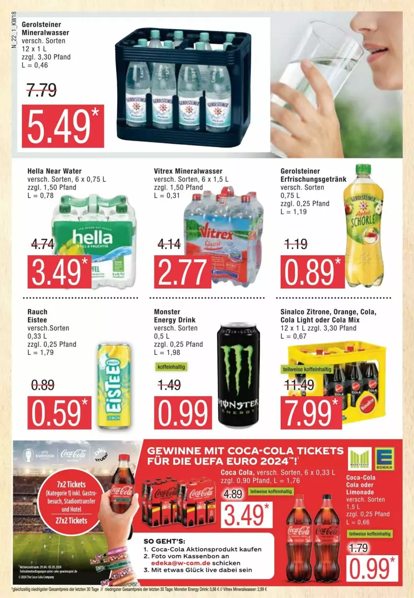 Aktueller Prospekt Edeka - Prospekte - von 27.04 bis 04.05.2024 - strona 22 - produkty: Alwa, coca-cola, cola, drink, eis, eistee, energy drink, gerolsteine, gerolsteiner, hella, mineralwasser, monster, Monster Energy, orange, Rauch, reis, sinalco, steiner, tee, Ti, vitrex, wasser, zitrone, ZTE