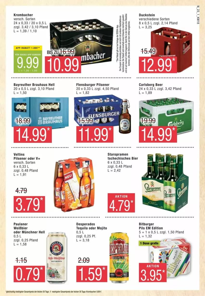 Aktueller Prospekt Edeka - Prospekte - von 27.04 bis 04.05.2024 - strona 23 - produkty: bier, bitburger, burger, carlsberg, carlsberg beer, desperados, Duck, flensburger, krombache, krombacher, mojito, nuss, Paula, paulaner, pils, pilsener, Staropramen, tequila, Ti, veltins