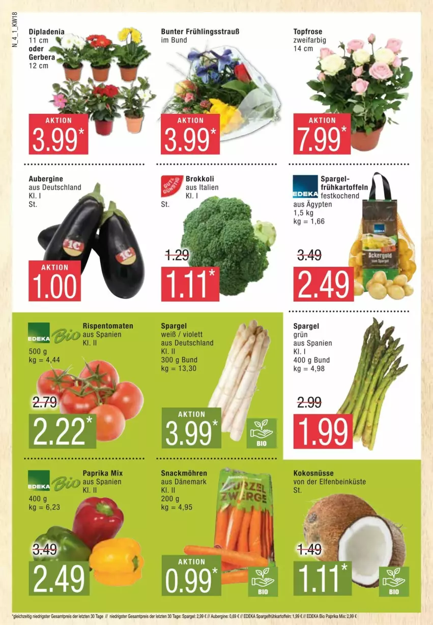 Aktueller Prospekt Edeka - Prospekte - von 27.04 bis 04.05.2024 - strona 4 - produkty: aubergine, bio, brokkoli, deka, dip, dipladenia, edeka bio, eis, Frühkartoffeln, gin, kartoffel, kartoffeln, kokos, möhren, paprika, paprika mix, reis, rispentomaten, snack, spargel, Ti, tomate, tomaten, topf, ZTE