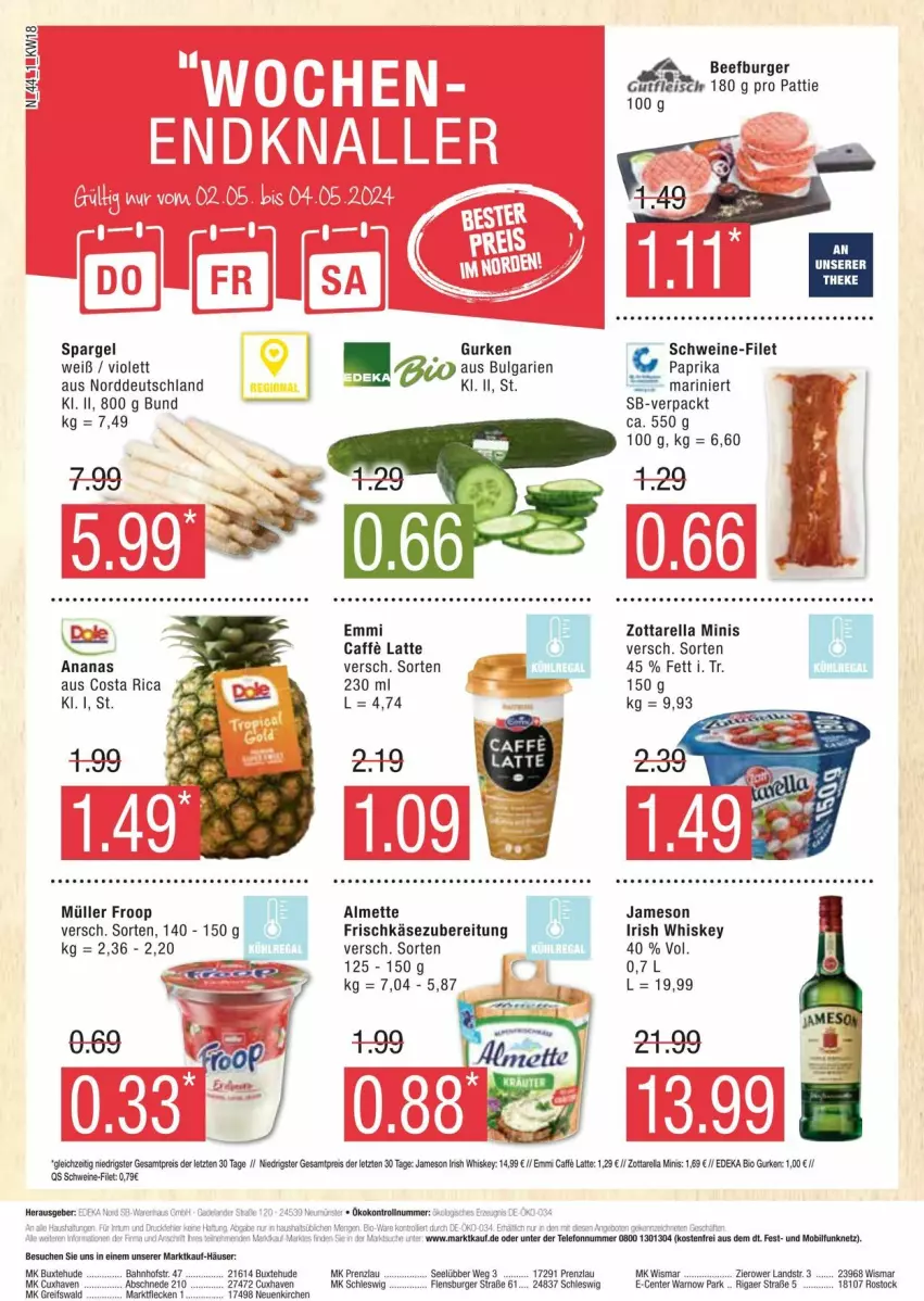 Aktueller Prospekt Edeka - Prospekte - von 27.04 bis 04.05.2024 - strona 44 - produkty: almette, ananas, beef, burger, caffe, emmi, ente, filet, flensburger, frischkäse, frischkäsezubereitung, froop, gurke, gurken, irish whiskey, jameson, Käse, latte, LG, Mett, Müller, müller froop, paprika, rel, schwein, schweine, schweine-filet, spargel, Ti, wein, weine, whiskey, zott, zottarella, zottarella minis