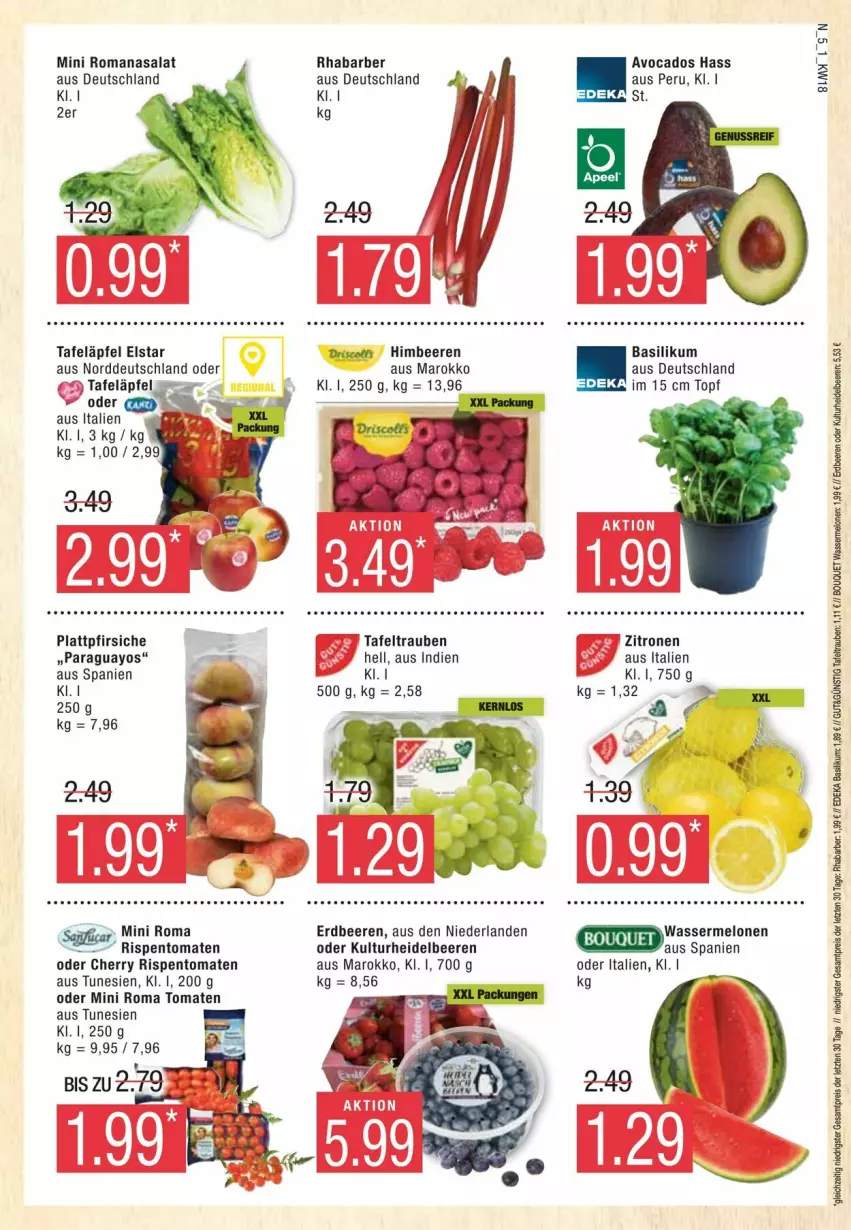 Aktueller Prospekt Edeka - Prospekte - von 27.04 bis 04.05.2024 - strona 5 - produkty: avocado, avocados, basilikum, beere, beeren, erdbeere, erdbeeren, heidelbeere, heidelbeeren, himbeer, himbeere, himbeeren, melone, melonen, paraguayos, pfirsich, pfirsiche, plattpfirsiche, rhabarber, rispentomaten, Romanasalat, salat, tafeläpfel, tafeltrauben, tomate, tomaten, topf, trauben, wasser, wassermelone, wassermelonen, Yo, zitrone, zitronen