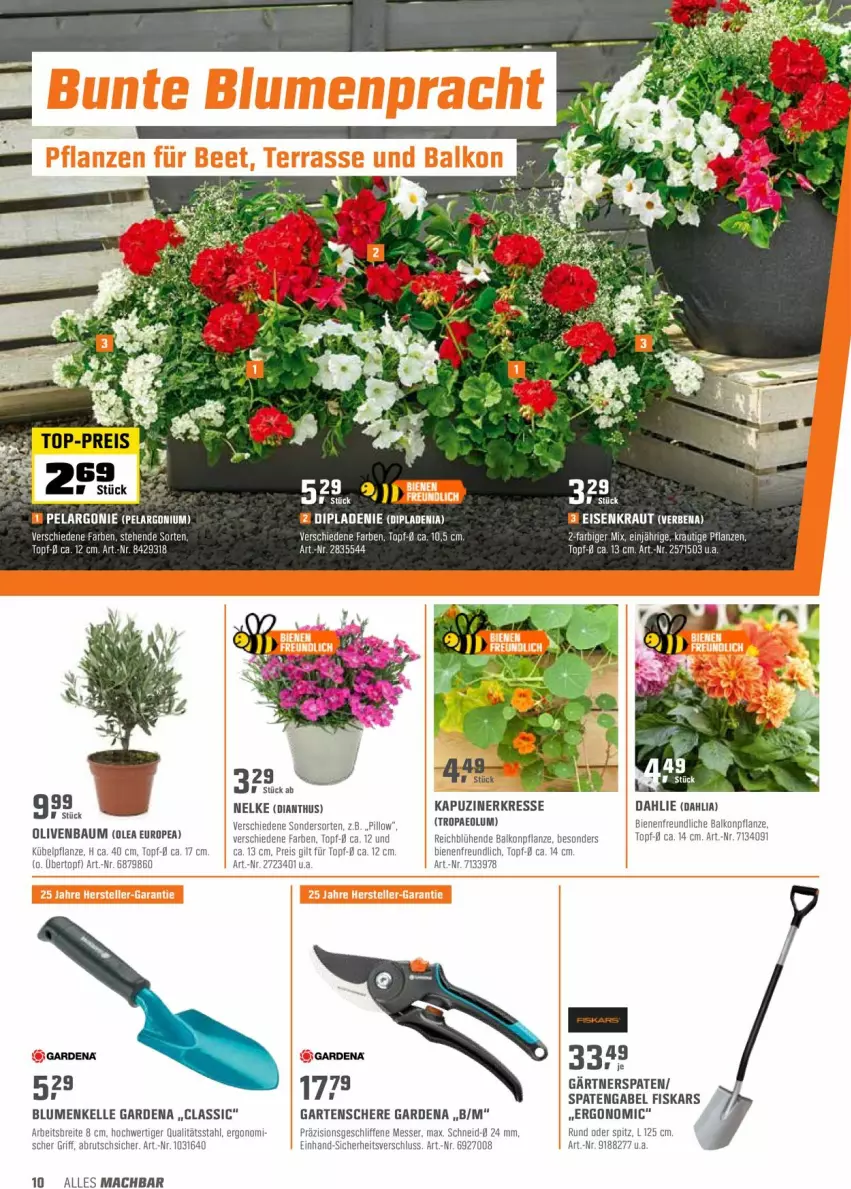 Aktueller Prospekt Obi - Prospekte - von 31.05 bis 12.06.2022 - strona 10 - produkty: Bau, blume, blumen, brut, dahlie, eis, elle, fiskars, gabel, gardena, Garten, Gartenschere, Kraut, mac, messer, olive, oliven, pflanze, pflanzen, reis, Schere, Spaten, Ti, topf, übertopf