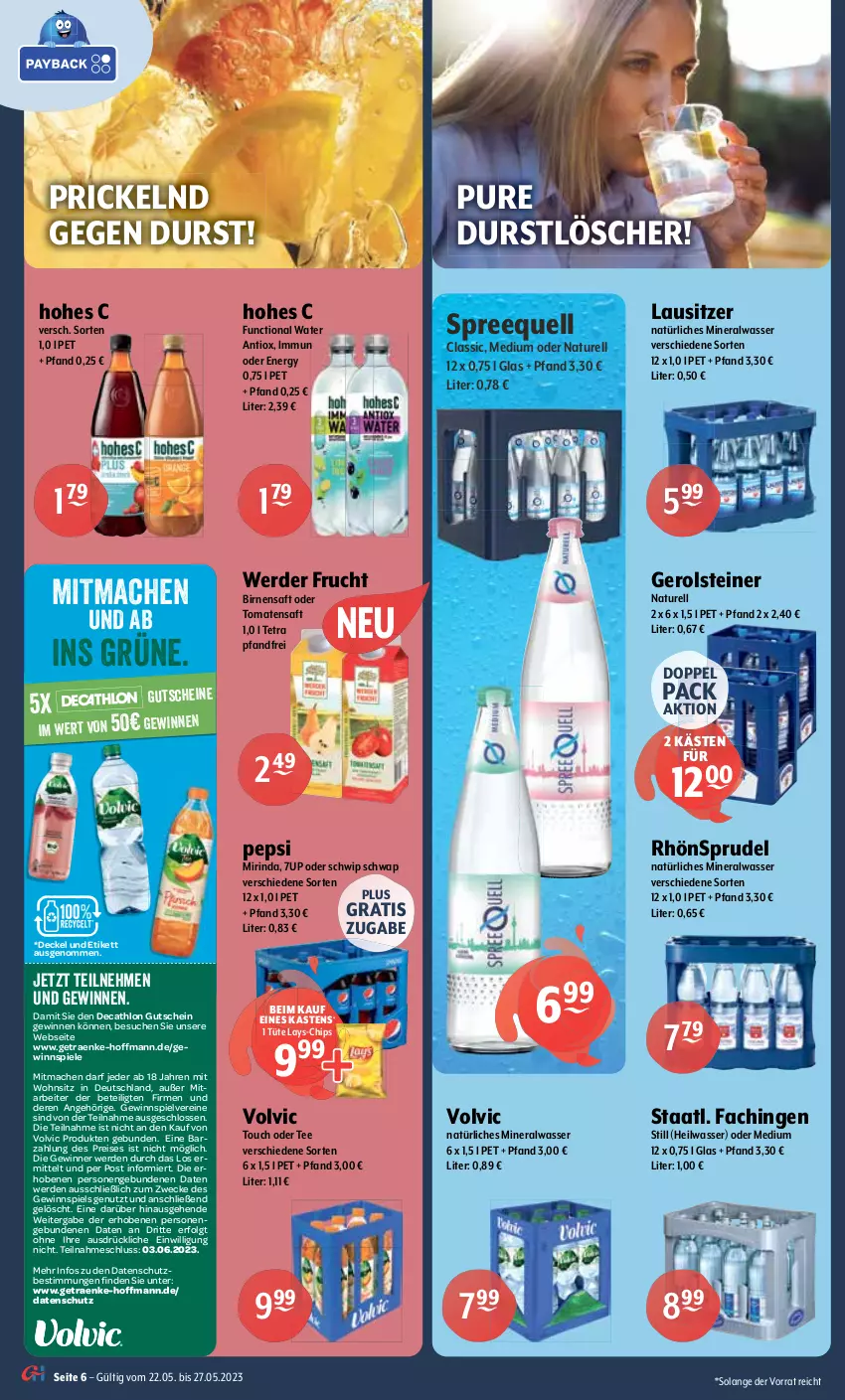 Aktueller Prospekt Getraenke Hoffmann - Prospekte - von 22.05 bis 27.05.2023 - strona 6 - produkty: 7UP, alkohol, Alwa, bag-in-box, Birnen, burgunder, chips, classico, decke, Deckel, durstlöscher, eis, elle, erde, frucht, gerolsteine, gerolsteiner, gewinnspiel, gin, gin mare, grauburgunder, gutschein, gutscheine, Hohes C, jack daniel, Jack Daniel’s, lays, LG, likör, limo, lion, mac, margherita, mineralwasser, Mirinda, Müller, Müller-Thurgau, natur, natürliches mineralwasser, nuss, pepsi, Pinot, pinot grigio, reis, rel, RhönSprudel, riesling, rind, rum, saft, Schwip Schwap, silvaner, Spiele, Spreequell, Sprudel, Staatl. Fachingen, steiner, tee, tennessee whiskey, Ti, tomate, tomaten, Tomatensaft, Tüte, vodka, volvic, wasser, weck, Weißburgunder, whiskey, zitrone, zitronen