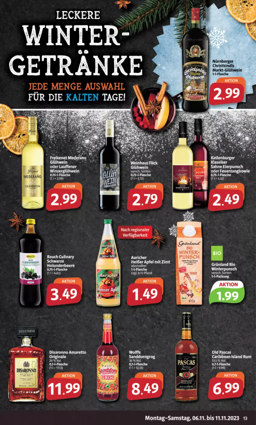 Aktueller Prospekt Markant - Prospekte - von 06.11 bis 11.11.2023 - strona 13 - produkty: alkohol, Amaretto, beere, bio, bowle, eier, getränk, getränke, gin, Glühwein, holunder, Rauch, rum, sahne, sanddorn, saro, wein