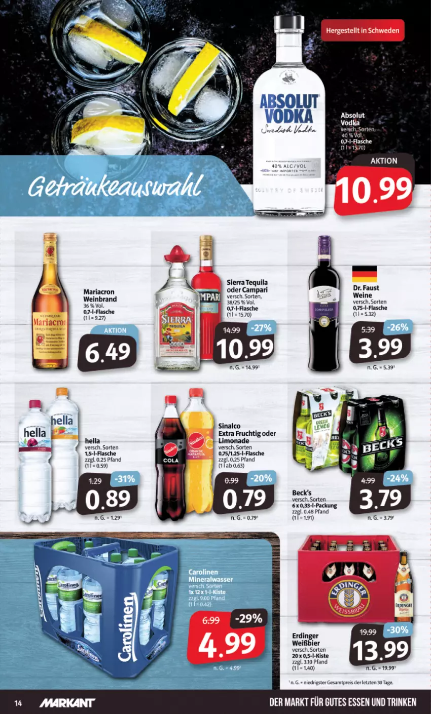 Aktueller Prospekt Markant - Prospekte - von 06.11 bis 11.11.2023 - strona 14 - produkty: Absolut Vodka, aust, bier, campari, eis, erde, erdinger, flasche, frucht, gutes essen, hella, limo, limonade, mariacron, reis, Ria, Sierra, sierra tequila, sinalco, tequila, Ti, vodka, wein, weinbrand, weine, ZTE