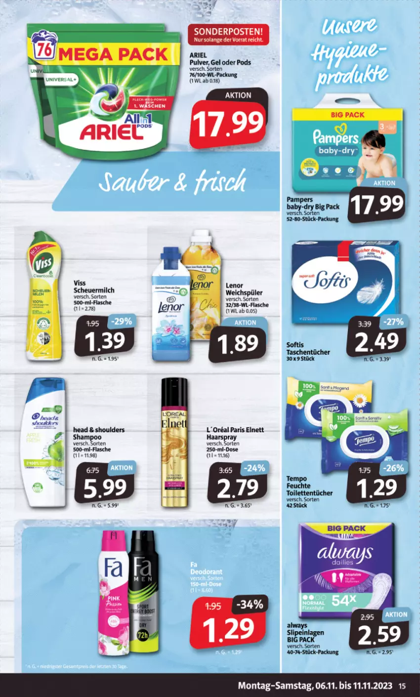 Aktueller Prospekt Markant - Prospekte - von 06.11 bis 11.11.2023 - strona 15 - produkty: Alwa, Always, ariel, baby-dry, elnett, flasche, haarspray, Heu, l'oreal, milch, pampers, Pods, scheuermilch, slip, slipeinlagen, sonderposten, Ti, toilettentücher, tücher, weichspüler