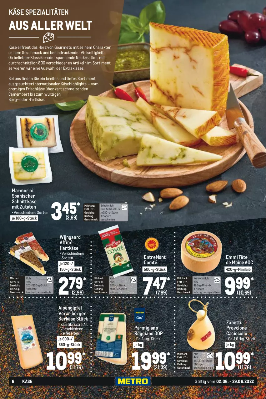 Aktueller Prospekt Metro - Käse Spezial - von 02.06 bis 29.06.2022 - strona 6 - produkty: Berger, Brei, camembert, comté, emmi, frischkäse, hartkäse, Käse, mac, milch, parmigiano, parmigiano reggiano, Provolone, reggiano, schnittkäse, Spezi, Tête de Moine, Ti, tisch, uhr