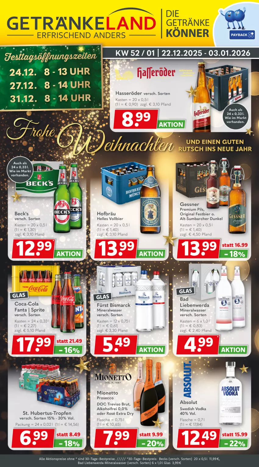 Aktueller Prospekt Getraenkeland - von 21.12.2025 bis 02.01.2026 - strona 1 - produkty: aktionspreis, alkohol, Alwa, Bad, Bad Liebenwerda, beck's, becks, bestpreis, bestpreise, bier, bismarck, brut, coca-cola, cola, ecco, eis, elle, fanta, flasche, Gessner, getränk, getränke, gin, mineralwasser, mionetto, moser, pils, premium pils, prosecco, reis, sprite, Ti, uhr, vodka, wasser