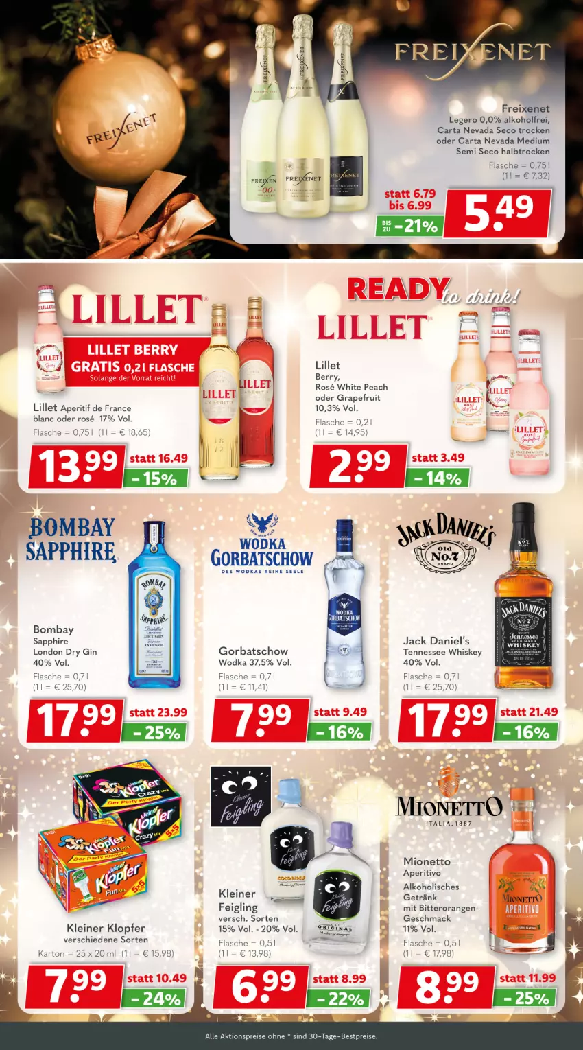 Aktueller Prospekt Getraenkeland - von 21.12.2025 bis 02.01.2026 - strona 5 - produkty: aktionspreis, alkohol, aperitif, bestpreis, bestpreise, bombay sapphire, deka, dry gin, eis, flasche, freixenet, getränk, gin, Gorbatschow, gorbatschow wodka, grapefruit, jack daniel, jack daniel's, kleiner feigling, kleiner klopfer, leine, lillet, london dry, london dry gin, mac, mionetto, orange, orangen, reis, sapphire, tennessee whiskey, Ti, whiskey, wodka