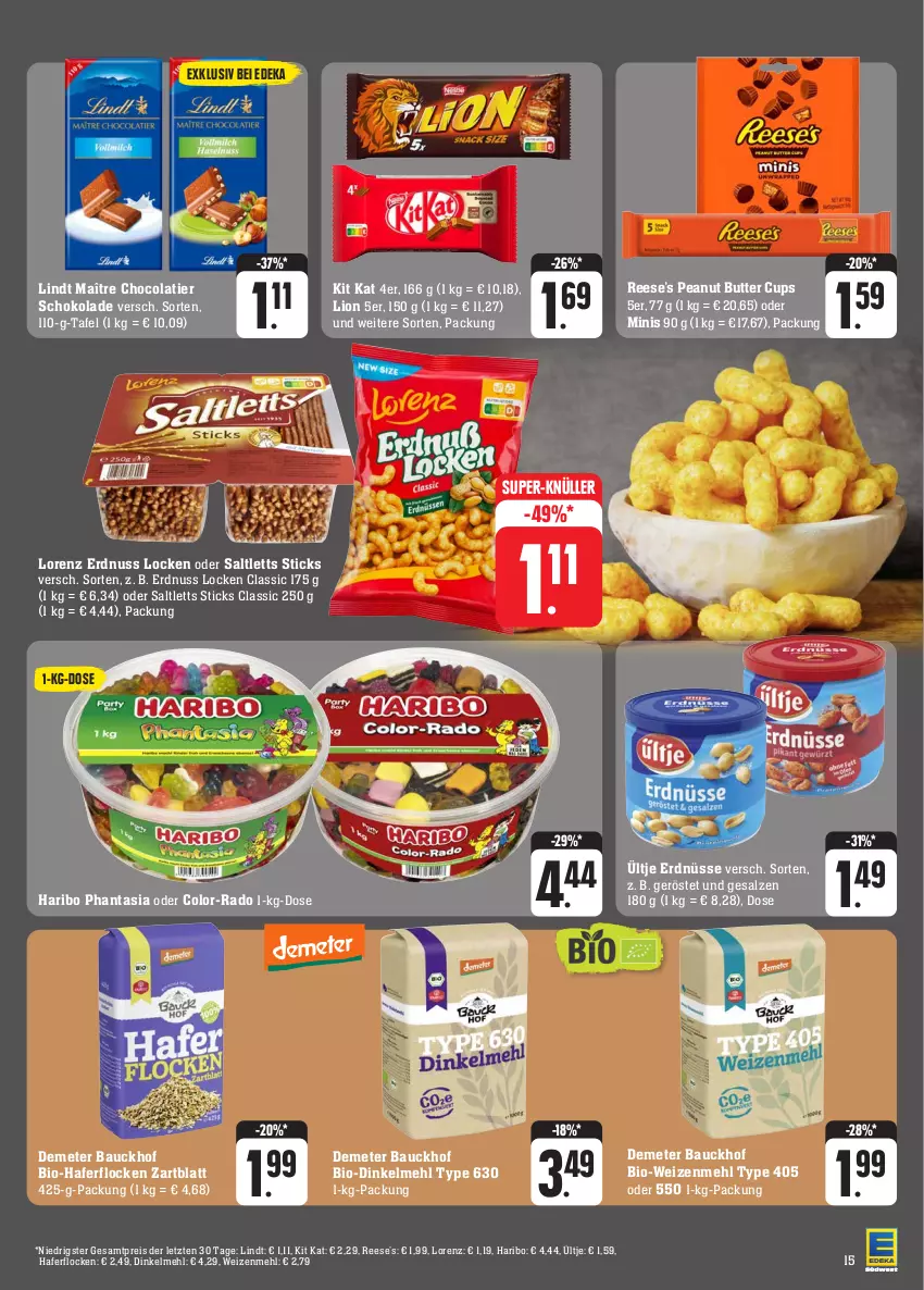 Aktueller Prospekt Edeka - Angebote der Woche - von 09.10 bis 14.10.2023 - strona 19 - produkty: Bau, bio, butter, cola, deka, dinkelmehl, eis, erdnuss, erdnüsse, hafer, haferflocken, haribo, Kit Kat, lindt, lion, lorenz, mehl, nuss, peanut butter, reis, saltletts, salz, schoko, schokolade, super-knüller, Ti, type 405, ültje, ültje erdnüsse, weizenmehl, ZTE