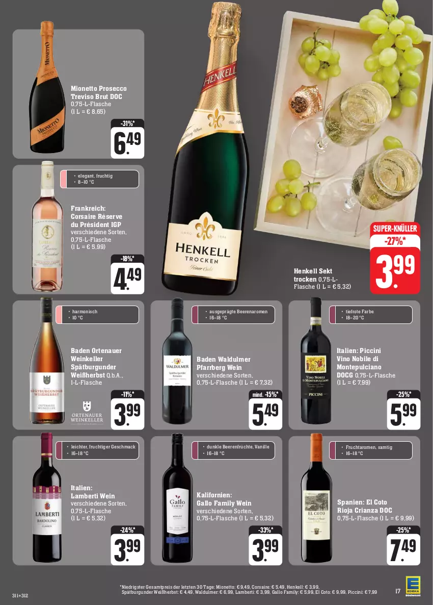 Aktueller Prospekt Edeka - Angebote der Woche - von 09.10 bis 14.10.2023 - strona 21 - produkty: Amber, auer, Bad, beere, beeren, brut, burgunder, cin, Corsaire, ecco, eis, elle, flasche, frucht, früchte, gallo, gallo family, henkel, henkell, henkell sekt, mac, mionetto, monte, Montepulciano, ortenauer, prosecco, reis, Ria, rioja, sekt, spätburgunder, super-knüller, Ti, vanille, wein, ZTE