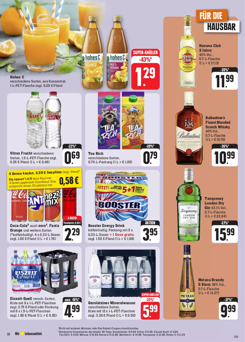 Aktueller Prospekt Edeka - Angebote der Woche - von 09.10 bis 14.10.2023 - strona 22 - produkty: Alwa, ball, blended scotch, blended scotch whisky, coca-cola, cola, coupon, coupons, drink, dry gin, eis, energy drink, fanta, flasche, frucht, gerolsteine, gerolsteiner, gin, Havana Club, Hohes C, london dry, london dry gin, Metaxa, mineralwasser, orange, pet-flasche, pet-flaschen, rabatt-coupon, reis, scotch, scotch whisky, steiner, super-knüller, Tanqueray, Ti, usb, vitrex, wasser, whisky, ZTE