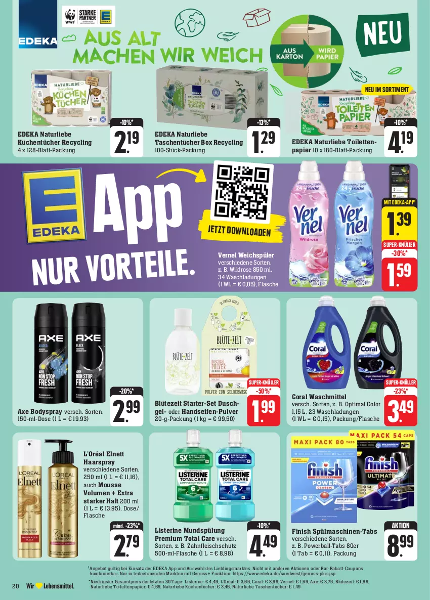 Aktueller Prospekt Edeka - Angebote der Woche - von 09.10 bis 14.10.2023 - strona 24 - produkty: angebot, axe, ball, Blüte, body, bodyspray, Clin, Coral, coupon, coupons, deka, duschgel, eis, elnett, Finish, flasche, fleisch, haarspray, Handseife, küche, Küchen, küchentücher, listerine, mousse, mundspülung, natur, nuss, papier, powerball, rabatt-coupon, reis, Seife, spülmaschinen, spülung, super-knüller, Tasche, taschen, taschentücher, Ti, toilettenpapier, total care, tücher, vernel, waschmittel, Wild, ZTE