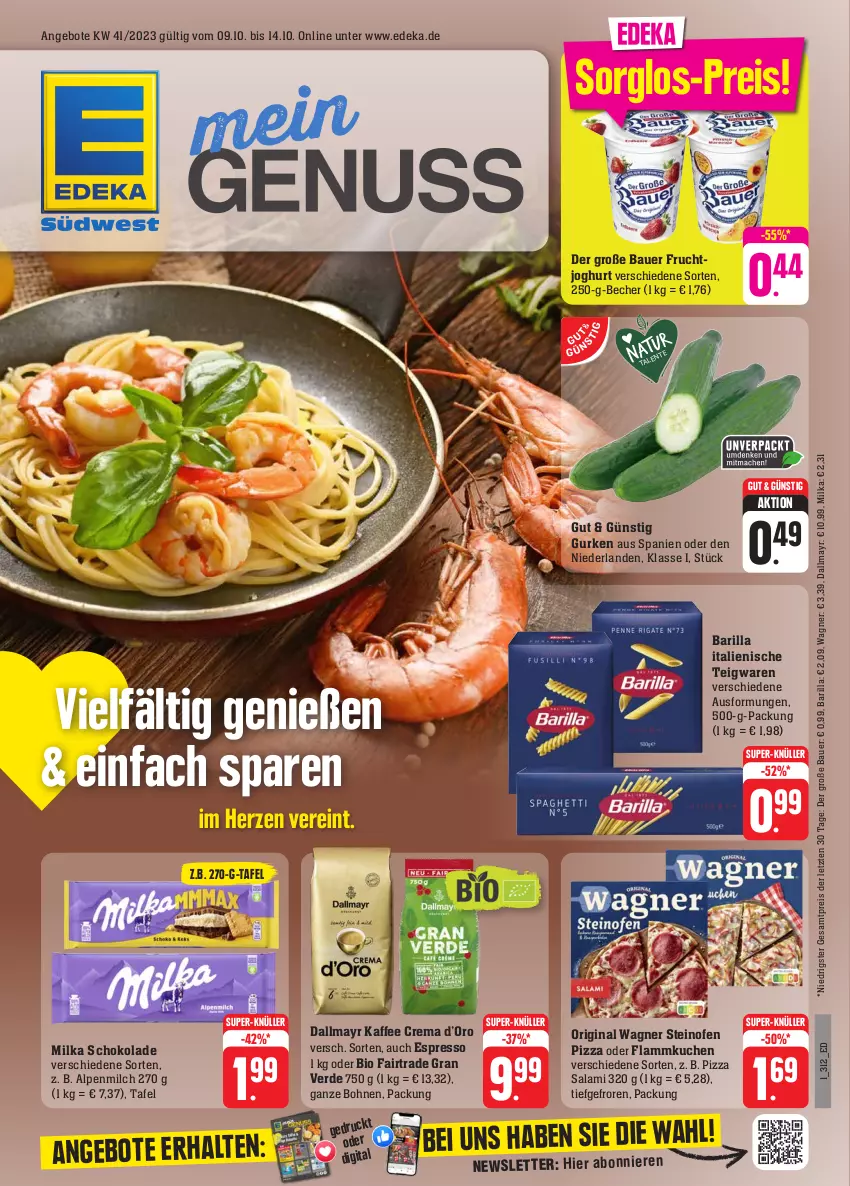 Aktueller Prospekt Edeka - Angebote der Woche - von 09.10 bis 14.10.2023 - strona 5 - produkty: alpenmilch, angebot, angebote, auer, barilla, Bau, Bauer, Becher, bio, bohne, bohnen, dallmayr, deka, eis, erde, espresso, flammkuchen, frucht, fruchtjoghurt, gin, gurke, gurken, joghur, joghurt, kaffee, kuchen, lamm, milch, milka, milka schokolade, Ofen, original wagner, pizza, reis, salami, schoko, schokolade, steinofen, steinofen pizza, super-knüller, teigwaren, Ti, wagner, ZTE