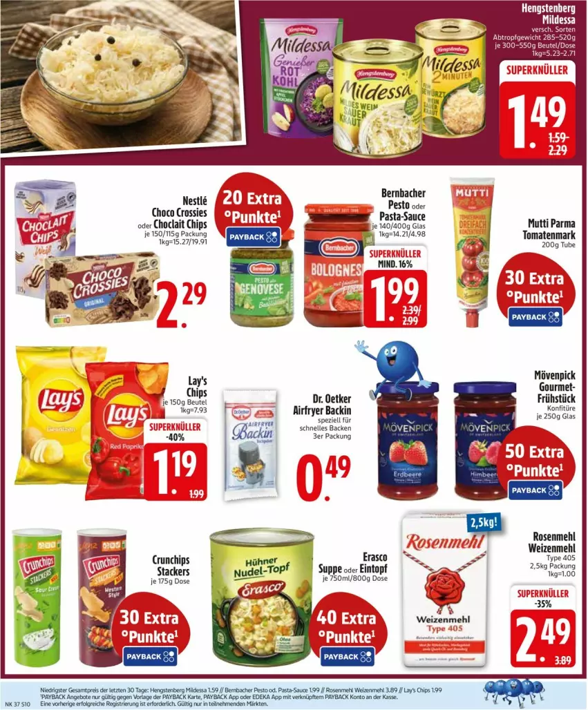 Aktueller Prospekt Edeka - Prospekte - von 08.09 bis 13.09.2025 - strona 12 - produkty: Airfryer, angebot, angebote, bernbacher, beutel, chips, choclait chips, choco crossies, crossies, crunchips, deka, Dr. Oetker, eintopf, eis, elle, erasco, hengstenberg, lay's, mehl, mövenpick, Mutti, pasta, pasta-sauce, payback, pesto, reis, rosen, Rosenmehl, sauce, Spezi, suppe, Ti, tomate, tomaten, tomatenmark, topf, weizenmehl, ZTE