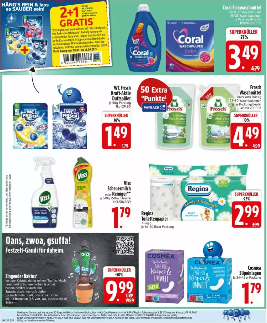 Aktueller Prospekt Edeka - Prospekte - von 08.09 bis 13.09.2025 - strona 26 - produkty: angebot, angebote, aust, batterie, batterien, beutel, Coral, eis, Engel, feinwaschmittel, flasche, Frosch, gin, Heu, kraft, Leuchte, milch, papier, payback, reiniger, reis, scheuermilch, Ti, waschmittel, wc frisch, WC Frisch Kraft Aktiv, ZTE