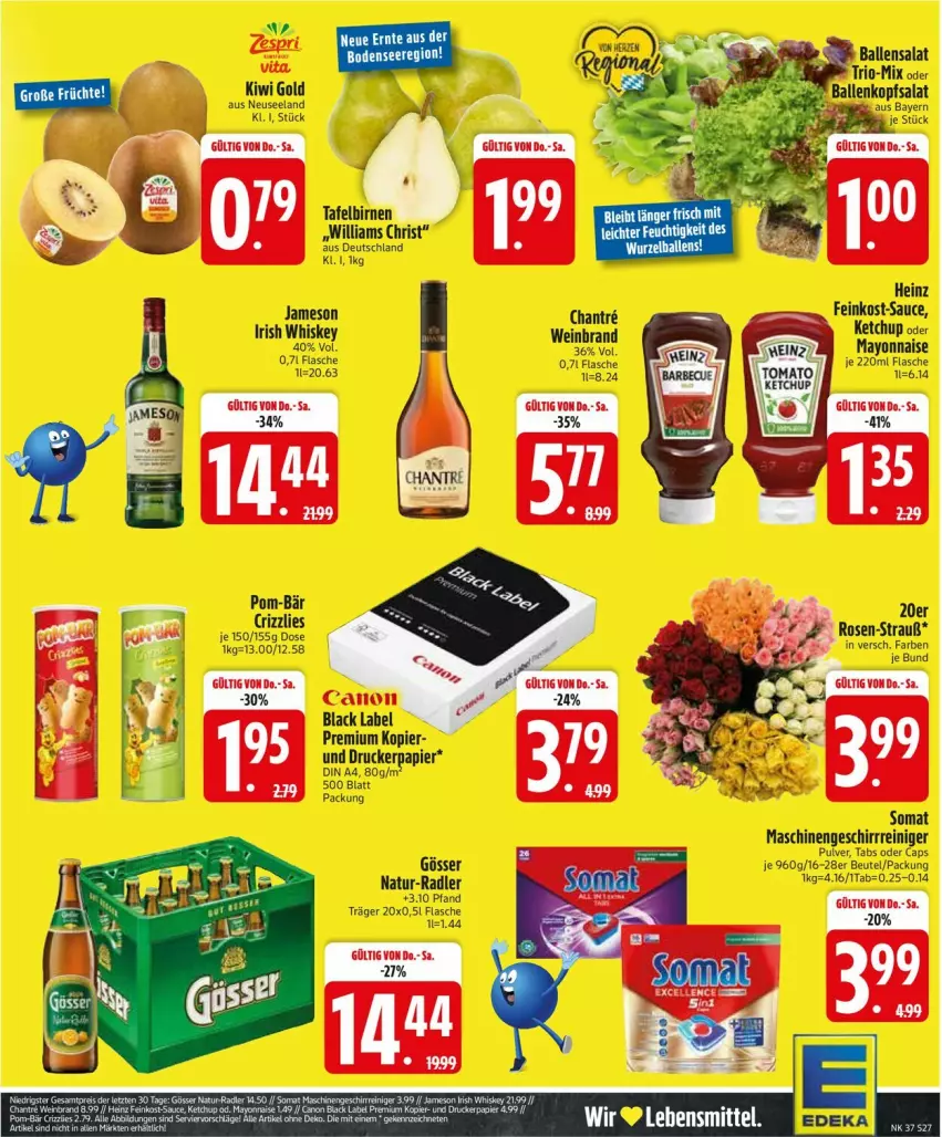 Aktueller Prospekt Edeka - Prospekte - von 08.09 bis 13.09.2025 - strona 29 - produkty: beutel, black label, Cap, din a4, drucker, eier, Elan, feinkost, flasche, geschirr, gösser, irish whiskey, jameson, ketchup, kiwi, Kiwi Gold, lack, mayonnaise, natur, papier, pom-bär, radler, reiniger, somat, Ti, wein, weinbrand, whiskey, Yo