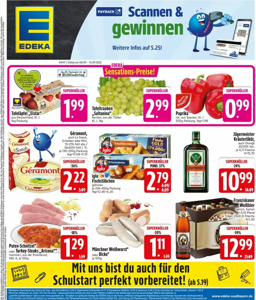 Aktueller Prospekt Edeka - Prospekte - von 08.09 bis 13.09.2025 - strona 3 - produkty: deka, eis, fisch, fischstäbchen, flasche, Germ, jägermeister, kräuter, kräuterlikör, likör, Meister, orange, paprika, pute, putenbrust, schnitzel, snack, steak, steaks, tafeläpfel, tafeltrauben, Ti, trauben, Weißwurst, wurst