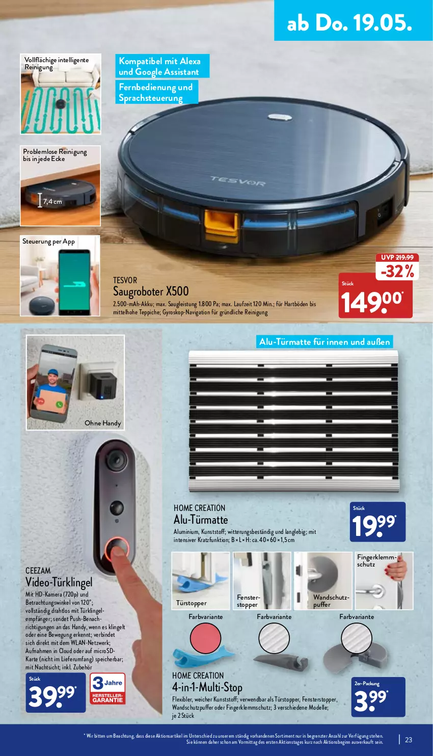 Aktueller Prospekt Aldi Nord - Aldi-Aktuell - von 16.05 bis 21.05.2022 - strona 23 - produkty: akku, alexa, dell, deo, Draht, eis, elle, ente, fenster, fernbedienung, gin, gsw, gyros, Handy, Intel, kamera, microsd, Mode, Reinigung, Ria, rum, rwe, Saugroboter, teppich, teppiche, Ti, topper, türstopper, ZTE