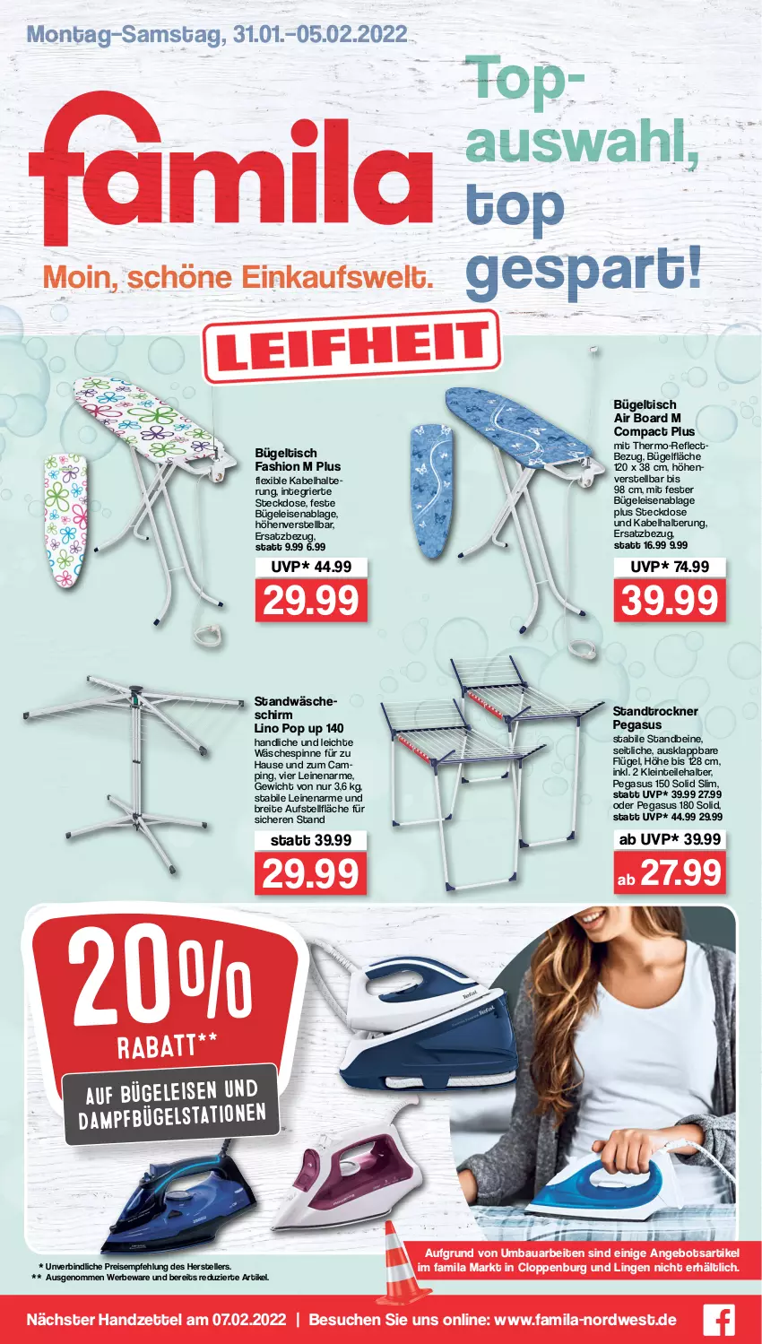 Aktueller Prospekt Famila - Prospekte - von 31.01 bis 05.02.2022 - strona 1 - produkty: angebot, asus, Bau, Brei, bügel, Bügeleisen, Bügelstation, bügeltisch, dampfbügelstation, eis, elle, leine, reis, steckdose, teller, Ti, tisch, Trockner, wäscheschirm, wäschespinne