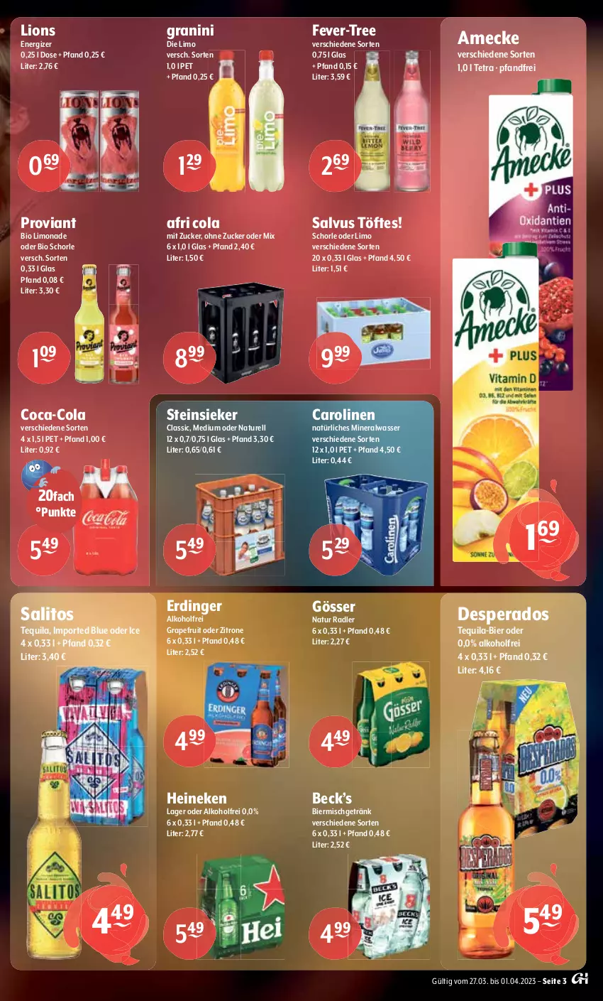 Aktueller Prospekt Getraenke Hoffmann - Prospekte - von 27.03 bis 01.04.2023 - strona 3 - produkty: Afri Cola, alkohol, Alwa, amecke, apfel, beere, beeren, bier, bio, bio limo, chips, coca-cola, cola, crunchips, desperados, drink, drinks, ecco, eis, eiswürfel, elle, energizer, ente, erdinger, fever-tree, getränk, gösser, gracioso, grana, granatapfel, granini, grapefruit, heineken, hugo, kokos, lillet, limo, limonade, lion, lorenz, Malibu, mineralwasser, mionetto, natur, natur radler, natürliches mineralwasser, nero, primitivo, prosecco, Proviant, puma, radler, Rana, rel, rosato, rum, schorle, spumante, Steinsieker, tequila, Ti, Tüte, wasser, Wild, wild berry, würfel, zitrone, zucker