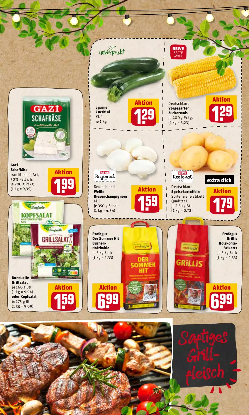 Aktueller Prospekt Rewe - Diese Woche im Angebot! - von 23.05 bis 28.05.2022 - strona 15 - produkty: bonduelle, briketts, buch, champignon, champignons, eis, elle, fleisch, grill, Holz, holzkohle, kartoffel, kartoffeln, Käse, kopfsalat, mais, profagus, sac, saft, salat, schafkäse, Schal, Schale, speisekartoffeln, Ti, zucchini, zucker, zuckermais