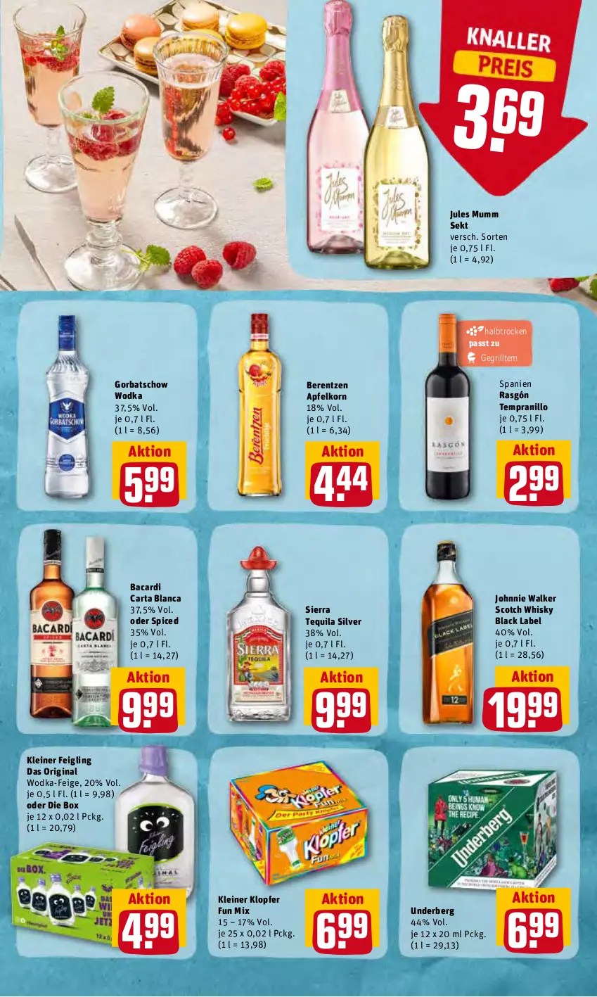 Aktueller Prospekt Rewe - Diese Woche im Angebot! - von 23.05 bis 28.05.2022 - strona 21 - produkty: apfel, bacardi, berentzen, black label, gin, Gorbatschow, gorbatschow wodka, grill, johnnie walker, jules mumm, kleiner feigling, kleiner klopfer, korn, lack, leine, mumm, scotch, scotch whisky, sekt, Sierra, sierra tequila, tempranillo, tequila, Ti, underberg, whisky, wodka