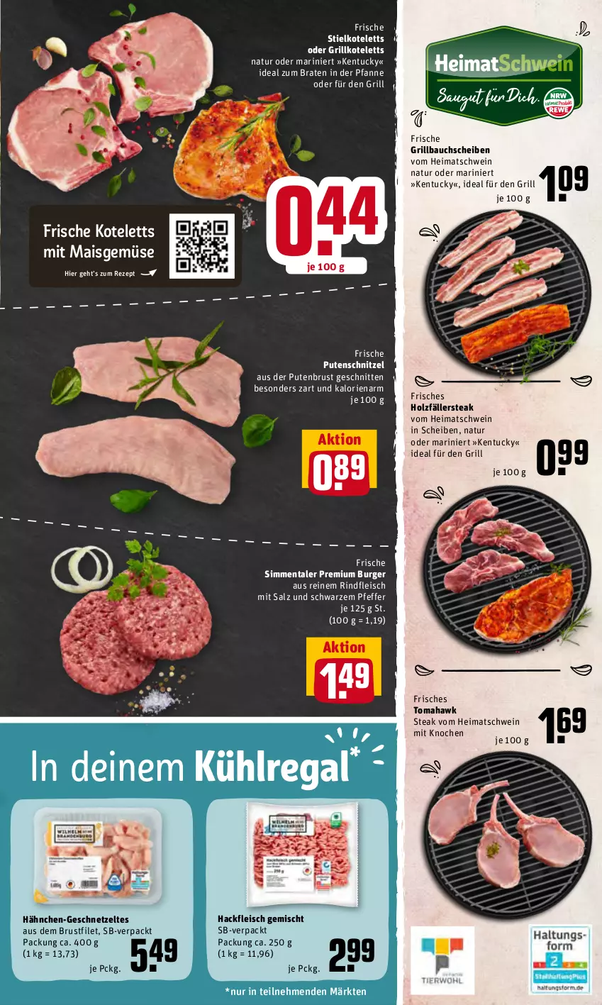 Aktueller Prospekt Rewe - Diese Woche im Angebot! - von 23.05 bis 28.05.2022 - strona 5 - produkty: Bau, bauchscheiben, braten, brustfilet, burger, eis, filet, fleisch, geschnetzeltes, grill, Grillbauch, grillkotelett, grillkoteletts, hackfleisch, hackfleisch gemischt, Holz, ideal zum braten, kotelett, kühlregal, mais, natur, pfanne, pfeffer, pute, putenbrust, putenschnitzel, regal, rezept, rind, rindfleisch, salz, schnitten, schnitzel, schwein, sim, steak, Ti, tuc, wein, Zelt