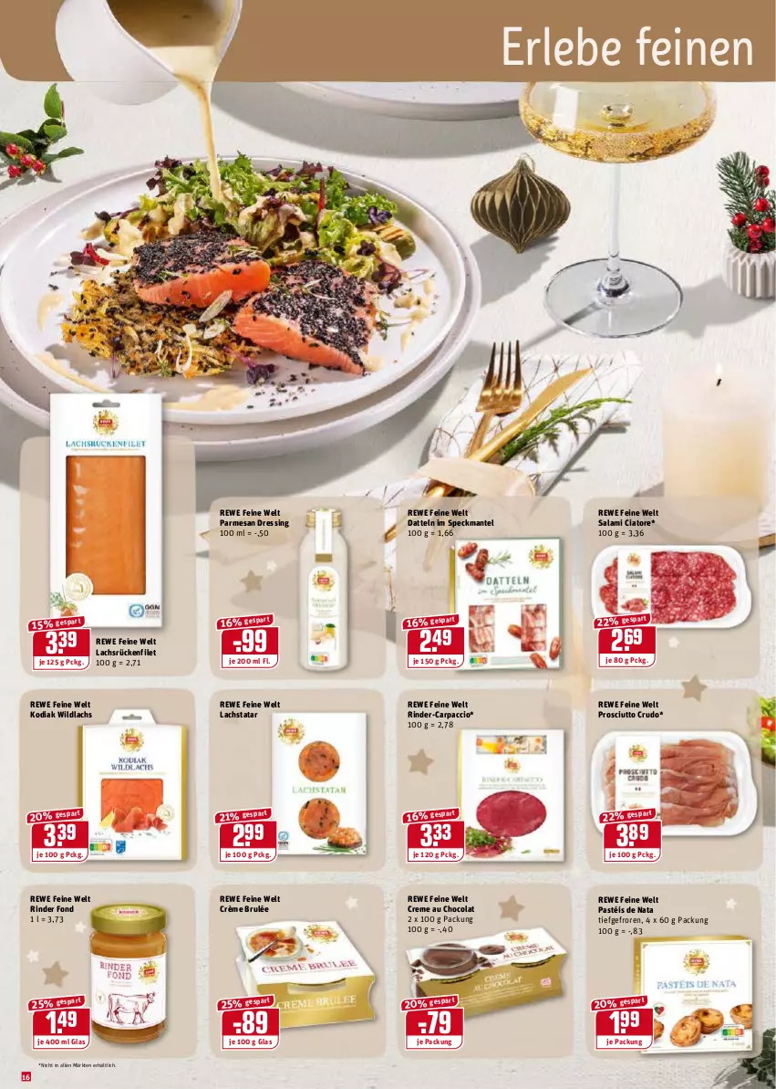 Aktueller Prospekt Rewe - Diese Woche im Angebot! - von 20.12 bis 24.12.2021 - strona 16 - produkty: ACC, Carpaccio, cola, creme, Datteln, dressing, filet, lachs, Mantel, prosciutto, prosciutto crudo, rewe feine welt, rind, rinder, salami, Speck, Ti, Wild, wildlachs