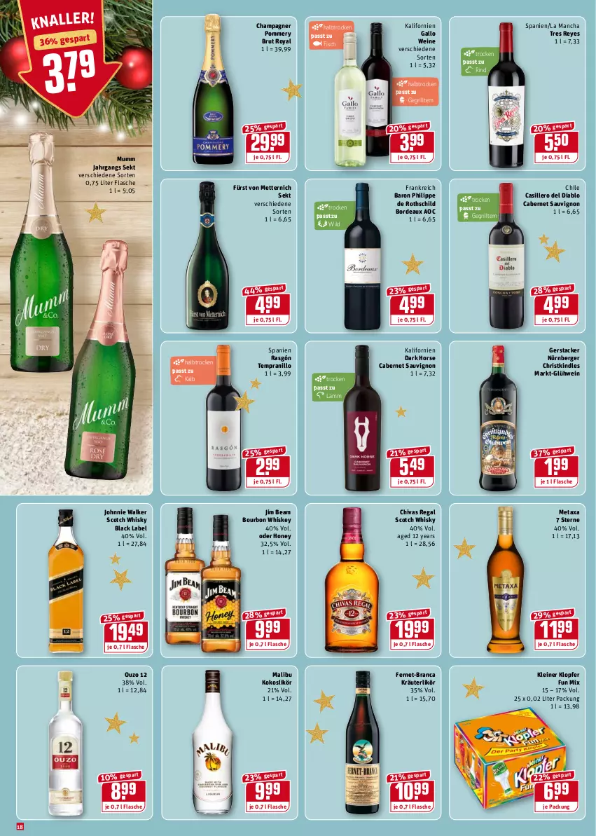 Aktueller Prospekt Rewe - Diese Woche im Angebot! - von 20.12 bis 24.12.2021 - strona 18 - produkty: Berger, black label, bourbon, bourbon whiskey, brut, cabernet, cabernet sauvignon, champagne, champagner, Fernet, fisch, flasche, fürst von metternich, gallo, Glühwein, grill, jim beam, johnnie walker, Kindle, kleiner klopfer, kokos, kräuter, kräuterlikör, lack, lamm, leine, likör, Malibu, Metaxa, Mett, metternich, mumm, nürnberger, ouzo, ouzo 12, regal, rind, sauvignon, scotch, scotch whisky, sekt, tempranillo, wein, weine, whiskey, whisky, Wild