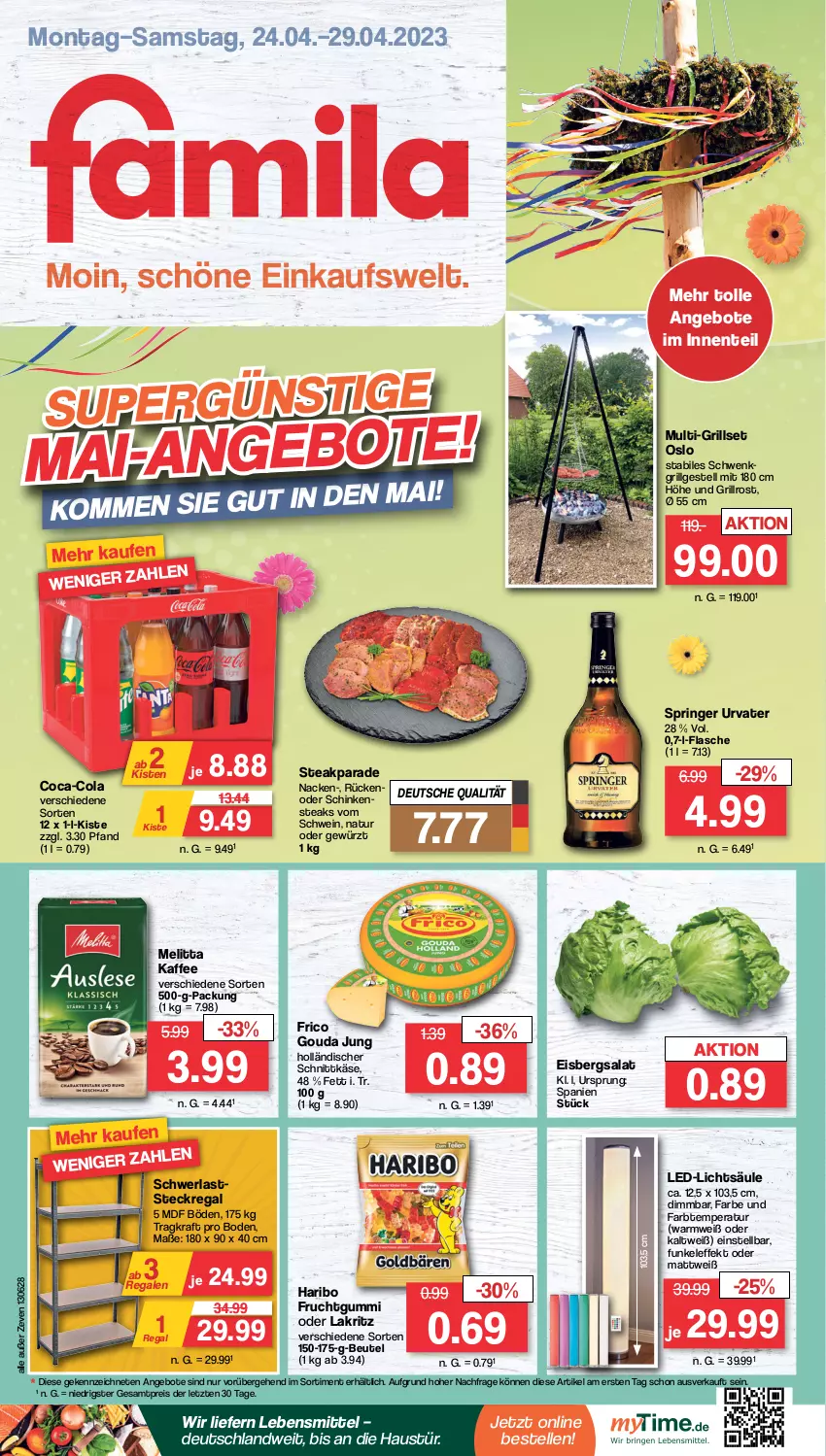 Aktueller Prospekt Famila - Prospekte - von 24.04 bis 29.04.2023 - strona 1 - produkty: angebot, angebote, aust, beutel, coca-cola, cola, Eckregal, eis, eisbergsalat, elle, ente, flasche, frico, frucht, fruchtgummi, gewürz, gouda, gouda jung, grill, grillrost, haribo, holländischer schnittkäse, kaffee, Käse, kraft, Lakritz, lebensmittel, led-licht, LG, melitta, natur, oder lakritz, regal, reis, ring, salat, schinken, Schinkensteak, schnittkäse, schwein, steak, steaks, steckregal, Ti, urvater, wein, ZTE