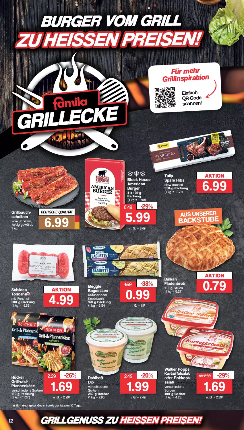 Aktueller Prospekt Famila - Prospekte - von 24.04 bis 29.04.2023 - strona 12 - produkty: baguette, baguettes, Bau, bauchscheiben, Becher, brot, burger, dip, eis, fenchel, Fladenbrot, gewürz, grill, Grillbauch, kartoffel, kartoffelsalat, Käse, knoblauch, kräuter, LG, meggle, nuss, pfanne, pfannen, pfannenkäse, Popp, reis, salat, schwein, spare ribs, stube, Ti, tulip, wein, ZTE