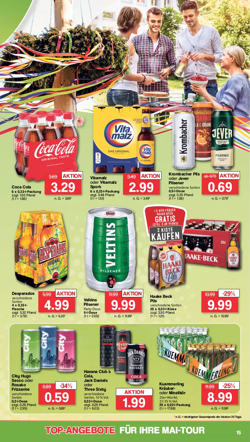 Aktueller Prospekt Famila - Prospekte - von 24.04 bis 29.04.2023 - strona 21 - produkty: angebot, angebote, cola, desperados, ecco, eis, flasche, frizzante, Havana Club, hugo, jack daniel, jack daniels, jever, jever pilsener, kräuter, krombache, krombacher, krombacher pils, kuemmerling, likör, malz, merl, pils, pilsener, reis, rosato, Sport, Three Sixty, Ti, top-angebot, veltins, veltins pilsener, vita, vitamalz, würfel, ZTE