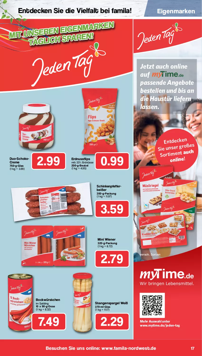 Aktueller Prospekt Famila - Prospekte - von 24.04 bis 29.04.2023 - strona 23 - produkty: angebot, angebote, aust, beutel, creme, decke, elle, erdnuss, erdnüsse, nuss, pfeffer, Pfefferbeißer, schinken, schoko, spargel, stangenspargel, Ti, wiener, würstchen