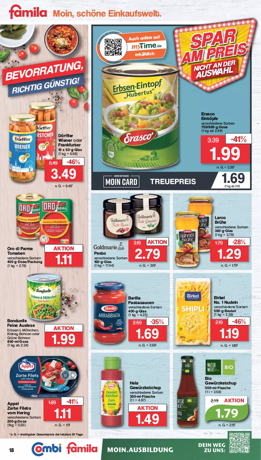 Aktueller Prospekt Famila - Prospekte - von 24.04 bis 29.04.2023 - strona 24 - produkty: barilla, beutel, bio, birkel, bohne, bohnen, bonduelle, Brühe, eintöpfe, eis, elle, erasco, erbsen, filet, filets, flasche, frankfurter, gewürz, gewürzketchup, grüne bohnen, Hela, hering, ketchup, kidney, kidney bohnen, nudel, nudeln, oro di parma, pasta, pesto, reis, ring, sauce, saucen, Ti, tomate, tomaten, wiener, ZTE