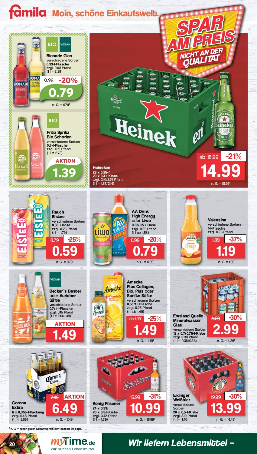 Aktueller Prospekt Famila - Prospekte - von 24.04 bis 29.04.2023 - strona 26 - produkty: Alwa, amecke, bier, bio, bionade, Collagen, corona, corona extra, drink, eis, eistee, elle, erdinger, flasche, fritz, heineken, könig pilsener, lebensmittel, mineralwasser, pils, pilsener, Rauch, reis, säfte, schorle, tee, Ti, valensina, wasser, ZTE