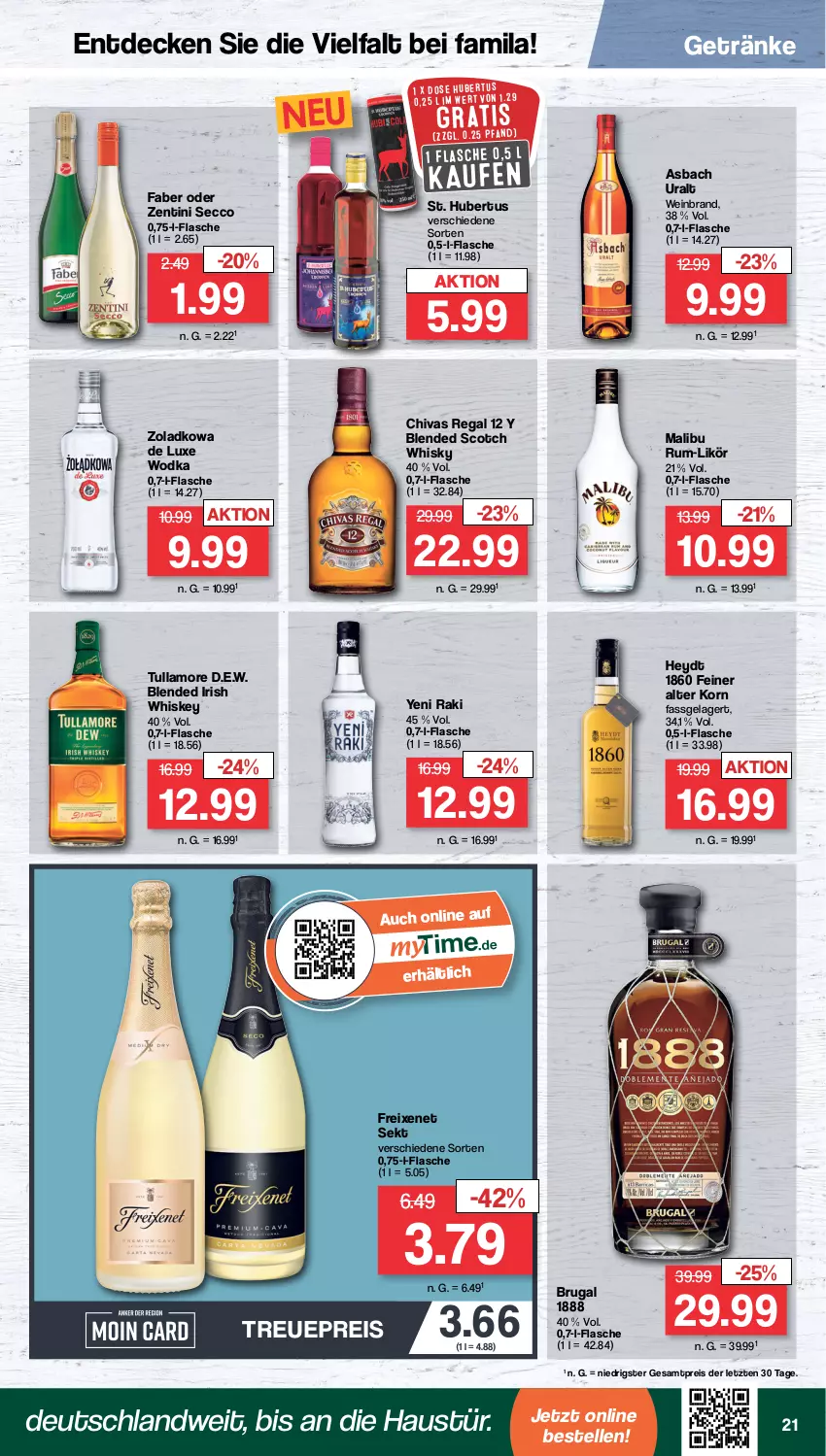 Aktueller Prospekt Famila - Prospekte - von 24.04 bis 29.04.2023 - strona 27 - produkty: asbach uralt, aust, blended scotch, blended scotch whisky, decke, ecco, eis, elle, flasche, freixenet, getränk, getränke, irish whiskey, korn, likör, Malibu, regal, reis, rum, scotch, scotch whisky, sekt, Ti, tullamore, wein, weinbrand, whiskey, whisky, wodka, yeni raki, ZTE