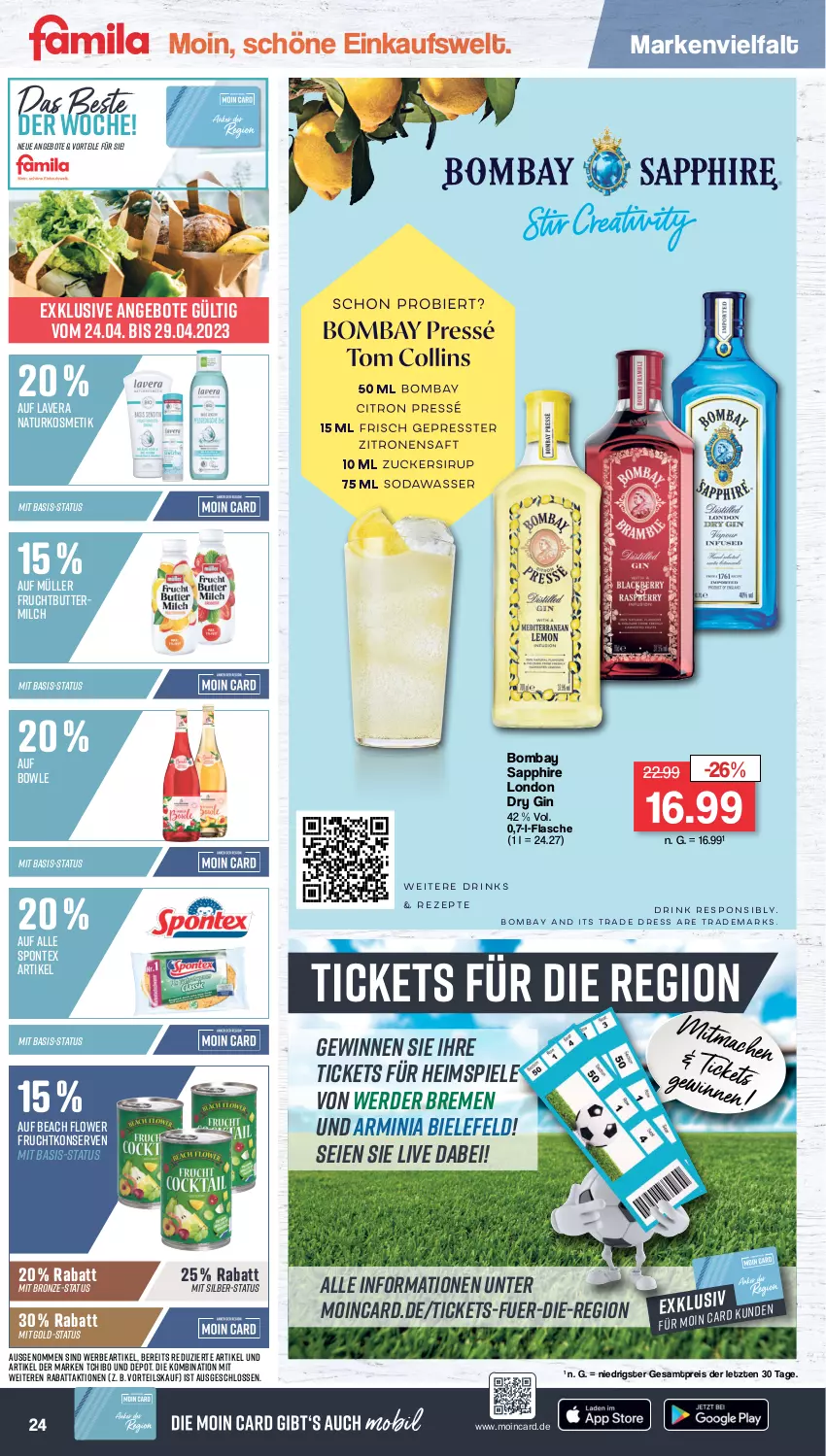 Aktueller Prospekt Famila - Prospekte - von 24.04 bis 29.04.2023 - strona 30 - produkty: angebot, angebote, bombay sapphire, bowle, butter, buttermilch, dry gin, eis, erde, flasche, frucht, gin, Konserven, kosmetik, lavera, london dry, london dry gin, milch, Müller, natur, naturkosmetik, reis, sapphire, Spiele, spontex, Tchibo, Ti, ZTE