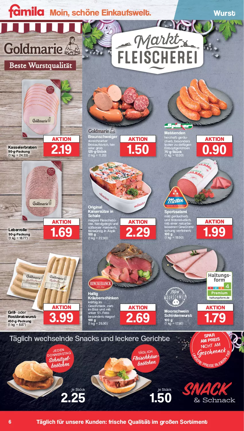 Aktueller Prospekt Famila - Prospekte - von 24.04 bis 29.04.2023 - strona 6 - produkty: auer, aufstrich, braten, bratwurst, braun, brot, brotaufstrich, brötchen, eintopf, eis, fleisch, gewürz, Gewürzmischung, gin, grill, Kaiser, Kaisersülze, kasseler, Kasselerbraten, kräuter, Leberrolle, mac, Mett, metten, Mettenden, natur, reis, rostbratwurst, sac, salami, Schal, Schale, schinken, schinkenwurst, schnitzel, schwein, snack, snacks, Sport, Streichzart, tesa, Ti, topf, wein, wurst