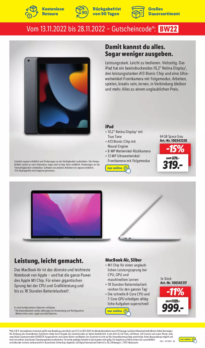 Aktueller Prospekt Lidl - Wochen-Highlights im Onlineshop - von 21.11 bis 27.11.2022 - strona 10 - produkty: angebot, angebote, Apple, auer, batterie, bio, eis, elle, frontkamera, gin, gutschein, gutscheine, ipad, kamera, korb, LG, mac, macbook, macbook air, ndk, notebook, reis, rwe, Software, Spiele, Ti, tisch, ZTE