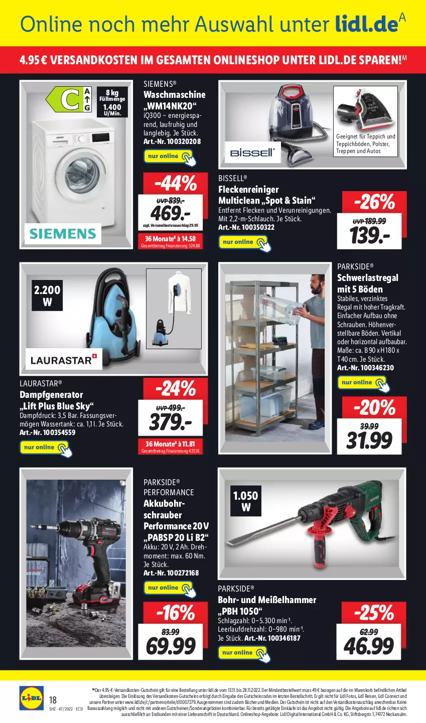 Aktueller Prospekt Lidl - Wochen-Highlights im Onlineshop - von 21.11 bis 27.11.2022 - strona 2 - produkty: akku, angebot, angebote, auto, Bau, Bohrschrauber, Dampfgenerator, eis, gutschein, gutscheine, K2, korb, kraft, LG, ndk, Parkside, regal, reiniger, Reinigung, reis, schlauch, schrauben, schwerlastregal, siemens, teppich, Ti, waschmaschine, wasser, wassertank, ZTE