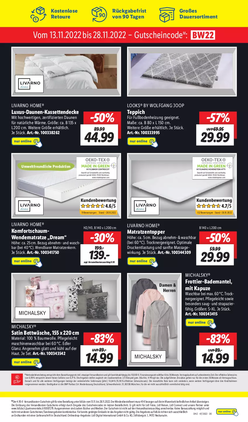 Aktueller Prospekt Lidl - Wochen-Highlights im Onlineshop - von 21.11 bis 27.11.2022 - strona 7 - produkty: angebot, angebote, auer, Bad, Bademantel, Bau, baumwolle, bett, bettwäsche, decke, eis, elle, erde, Ergee, gutschein, gutscheine, Kassettendecke, korb, LG, Mantel, matratze, matratzen, Matratzentopper, ndk, reis, Ria, teppich, Ti, topper, Trockner, wendematratze, wolle, ZTE