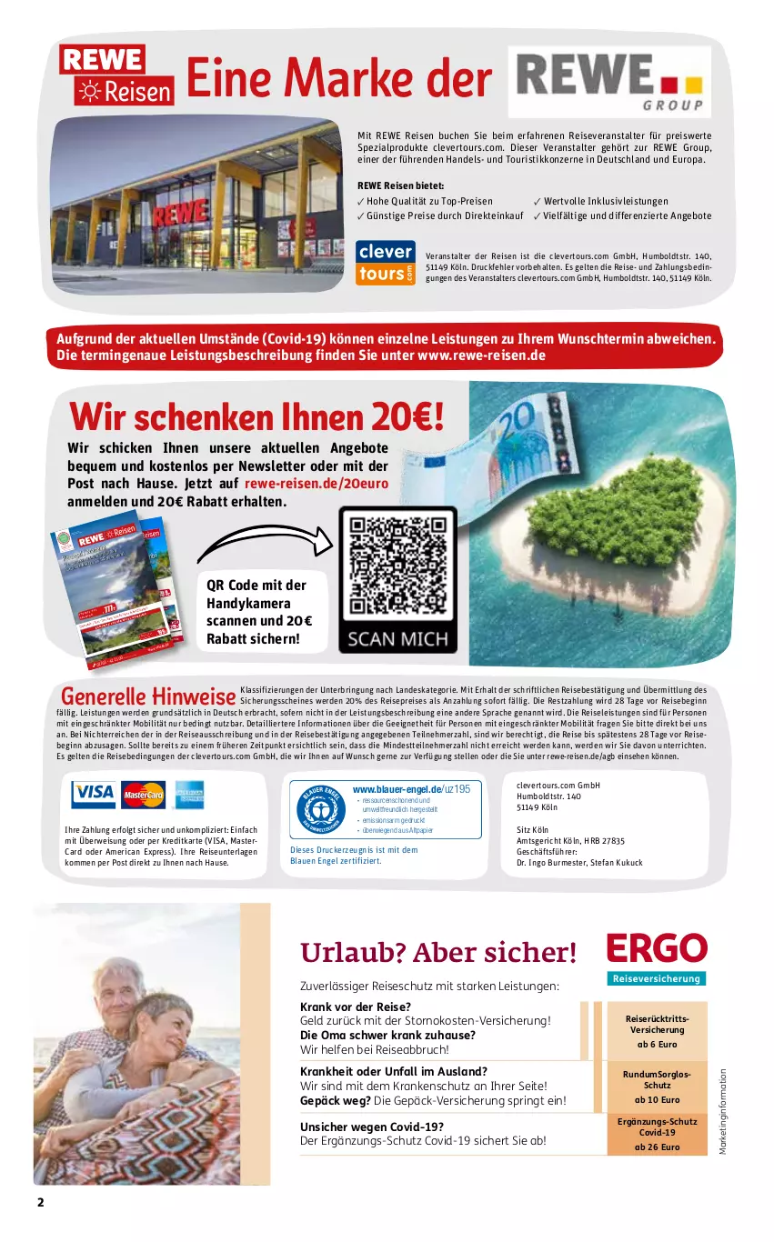 Aktueller Prospekt Rewe Reisen - Reiseprospekt - von 06.06.2023 bis 30.12.2022 - strona 2 - produkty: alpro, angebot, angebote, auer, buch, drucker, eier, eis, elle, Engel, erde, gin, Handy, inklusivleistungen, kamera, kerze, LG, mastercard, papier, reis, reiseveranstalter, rel, ring, rwe, Spezi, Ti, top-preis, uhr