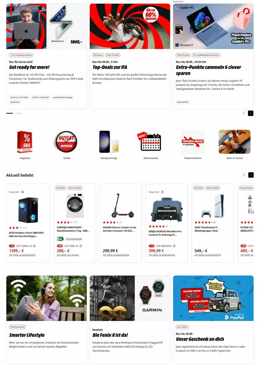 Aktueller Prospekt Media Markt - Prospekte - von 02.09 bis 09.09.2024 - strona 1 - produkty: acer, angebot, angebote, coupon, coupons, decke, dell, Dyson, eier, eis, Elektro, ente, garmin, gorenje, groen, Handy, Intel, Lampe, lays, LG, mac, macbook, macbook air, mediamarkt, Mode, neuheit, PlayStation, reis, scooter, sony, Tasche, taschen, taschenlampe, Ti, tiefpreis, uhr, waschmaschine