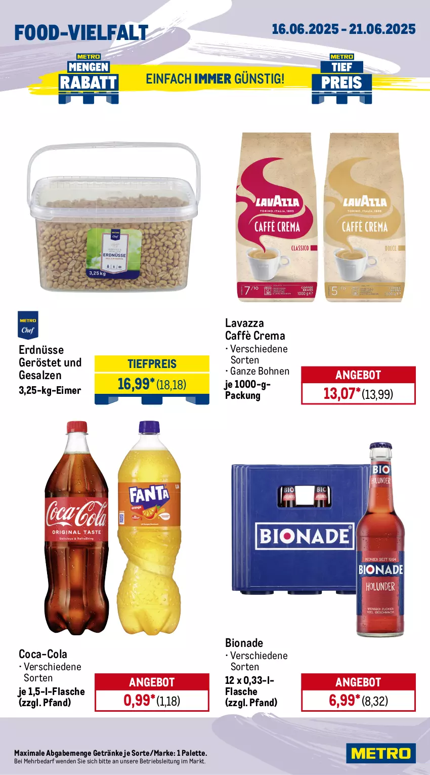 Aktueller Prospekt Metro - Wochen-Angebote Gastro - von 16.06 bis 21.06.2025 - strona 13 - produkty: angebot, auer, bio, bionade, bohne, bohnen, caffè crema, coca-cola, cola, coupon, eimer, eis, erdnüsse, flasche, getränk, getränke, gin, gurke, gurken, Konserven, kraft, lavazza, mayonnaise, mehl, mondamin, olive, oliven, olivenöl, olivenöl extra, Palette, reis, salat, salate, salz, spreewald-feldmann, Ti, tiefpreis, Yo